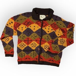 Vintage Planet Earth Imports Chunky Wool Multicolor Hand Knit Cardigan Geometric